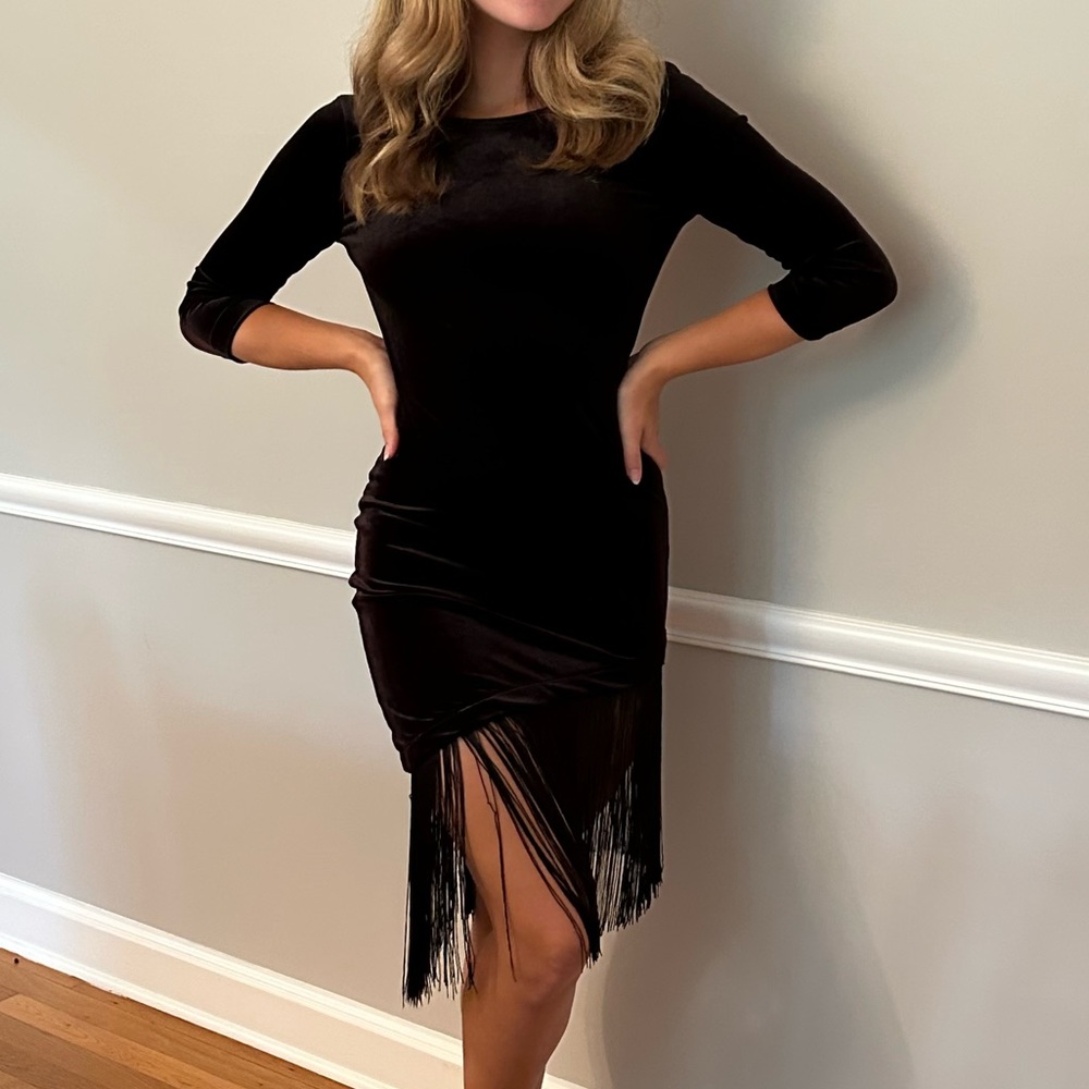 Black Latin Fringe Stretch Velvet Dress